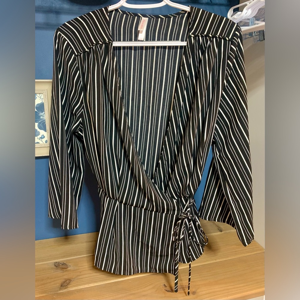 Black and White Striped Wrap Blouse